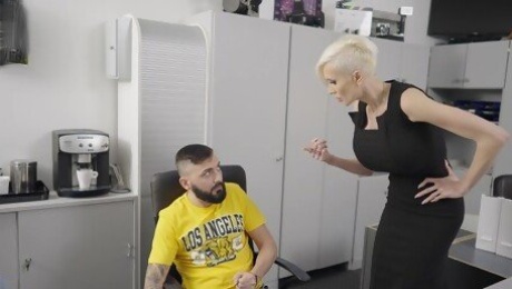 Short haired blonde babe Tanya Virago fucks her employee in the office