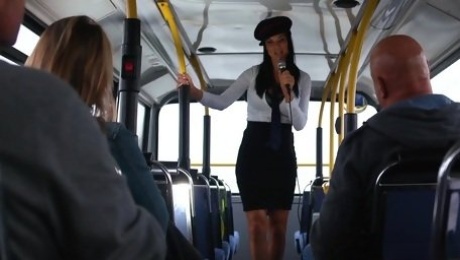 Energized women shag the same dude in a bus