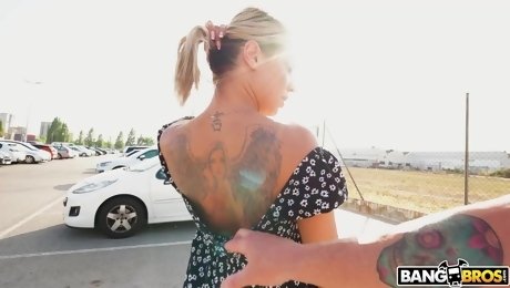 Girl with beautiful tattoo Angel Rivas gives her head and gets laid in public place