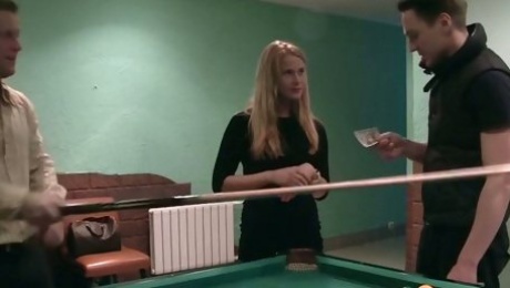 Trashy nympho in black stockings gets fucked on the billiard table