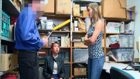 Slutty milf Christy Love is fucked in the back room in the presence of her shoplifting stepdaughter