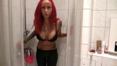 Bro Seduce Redhead Leggings Teen to Blow and Cum on Clothes