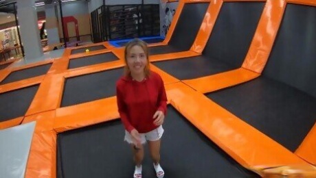 Thai amateur MILF girlfriend having fun on a trampoline and then fucked at home