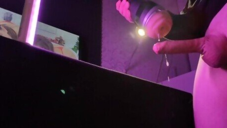 Horny man watching porn and fuck the flashlight toy pussy then cumming