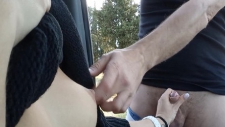 Real wife handjob and blowjob lucky stranger guy (cum in mouth)