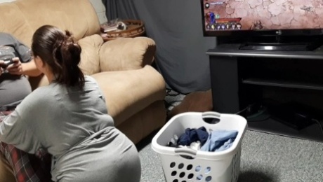 Step mom catches son playing ps4 games and interrupts him with hand job.
