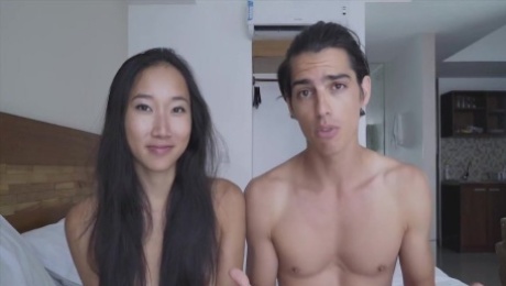 Young slim Asian with small boobs has romantic sex with her caucasian boyfriend